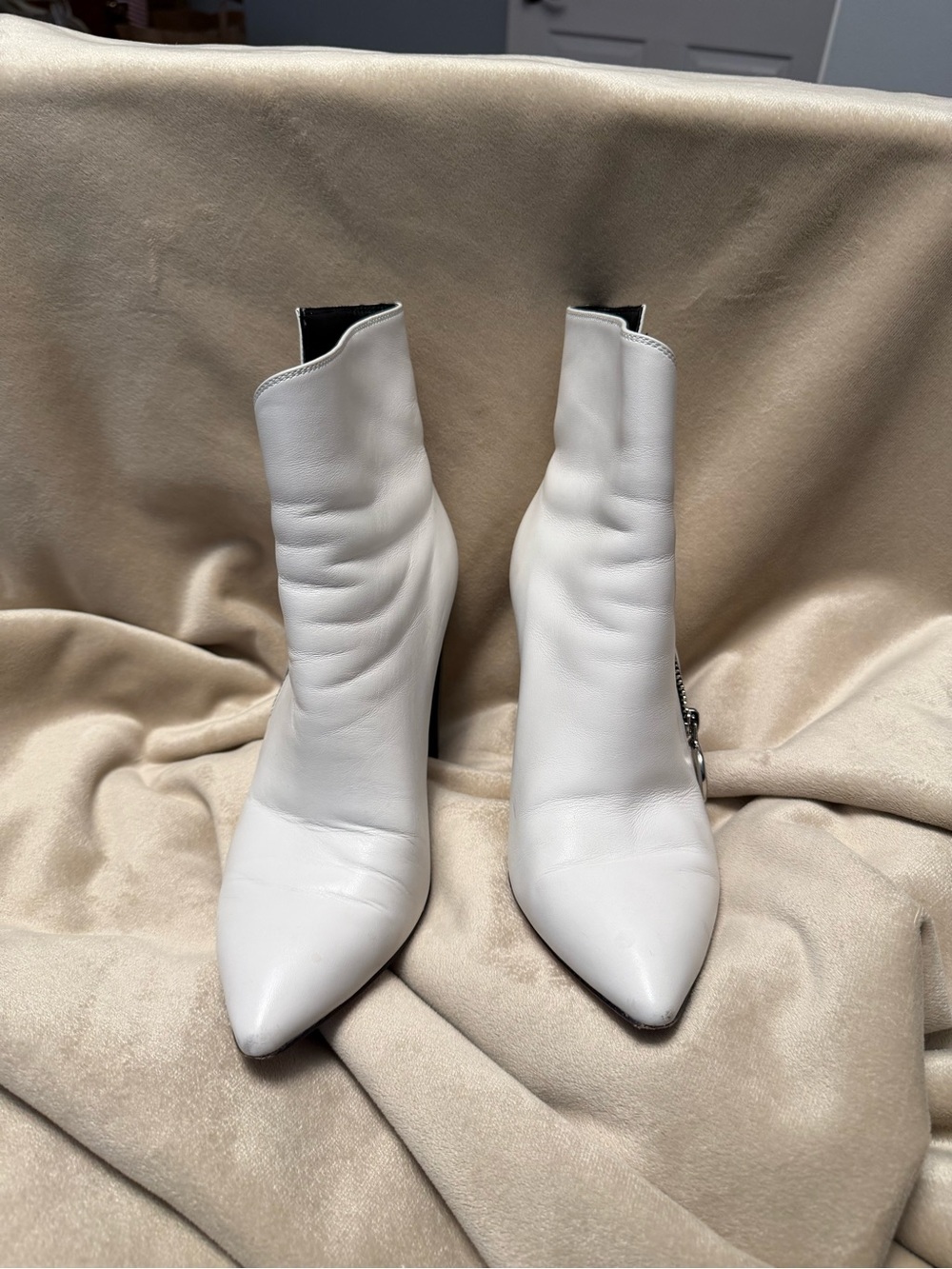 PAIGE White Leather “Katie” Pointed Ankle Zip Booties with Ring Pull - Picture 3 of 12